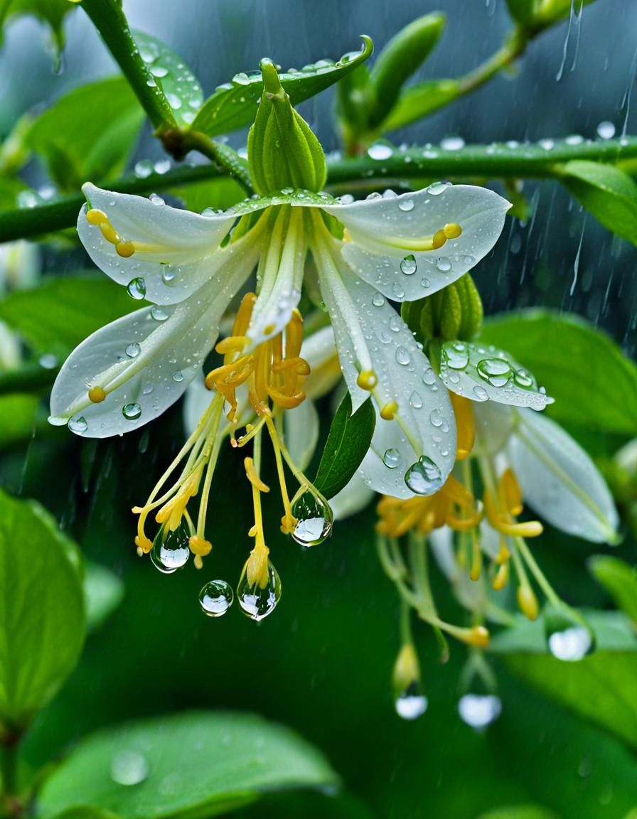 Honeysuckle with Raindrops in Spring Landscape