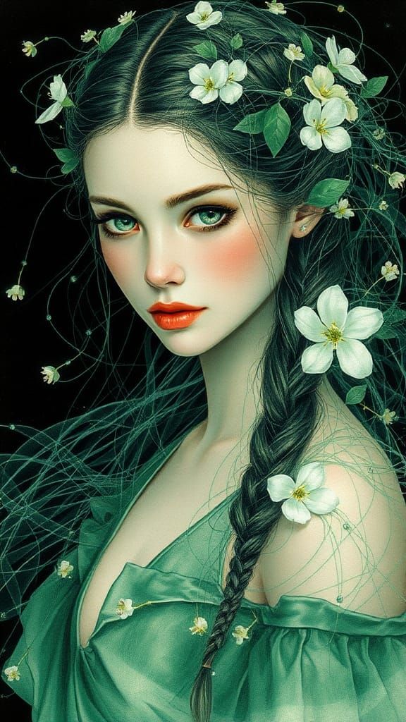 Ethereal Maiden in Emerald Mesh: Watercolor Portrait