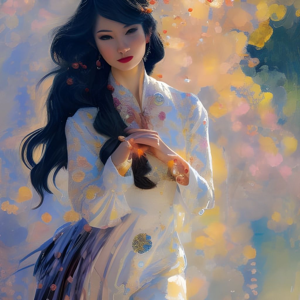 Attractive Woman Walking in Tokyo, Detailed Painting
