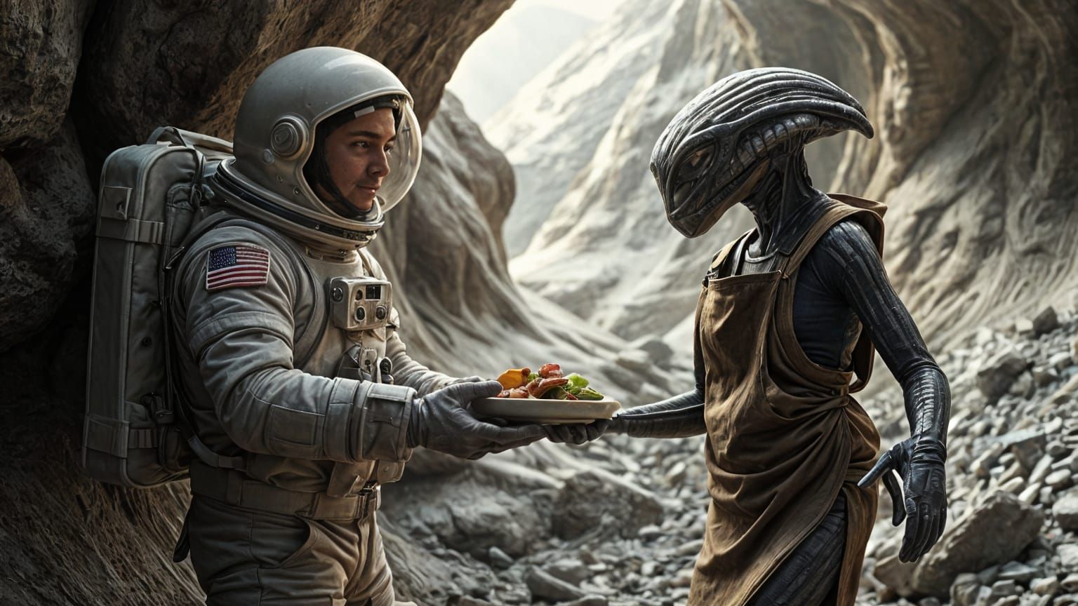 Astronaut Accepts Food From Alien in Textured Landscape