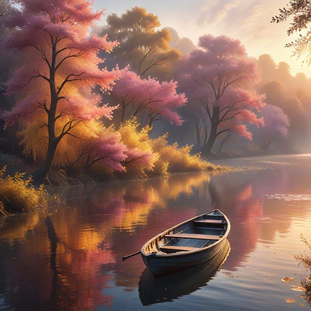 Tranquil River Dawn with Lone Rowboat and Golden Trees