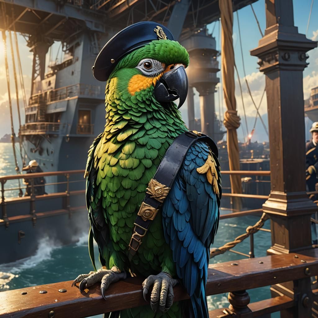 Parrot as Titanic Captain: Detailed Digital Concept Art