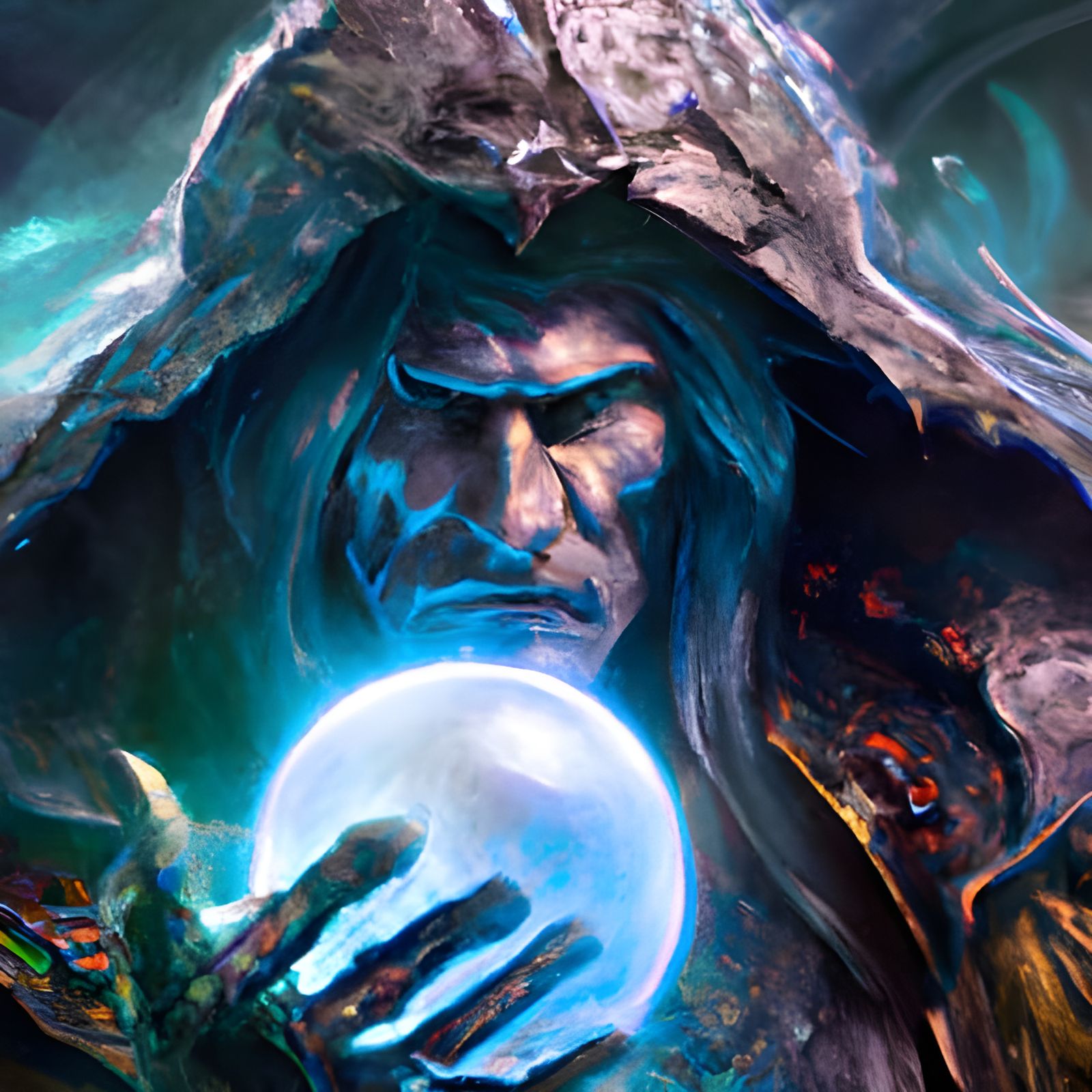 Evil Sorcerer Scrying in Crystal Ball, Detailed Portrait