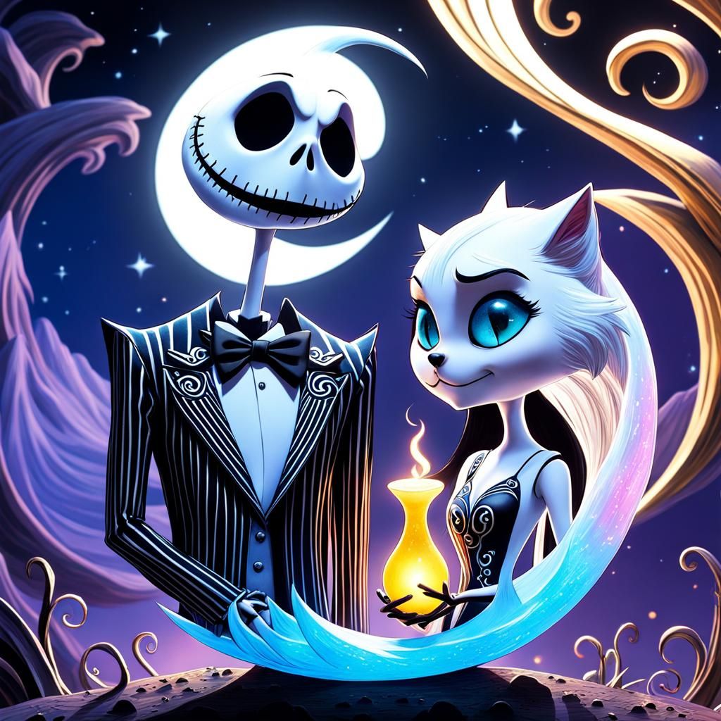 Jack and Sally with Cat in Moonlight