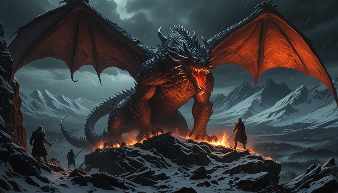 Colossal Dragon Overwhelms Vikings in Snowy Mountain Landsca...