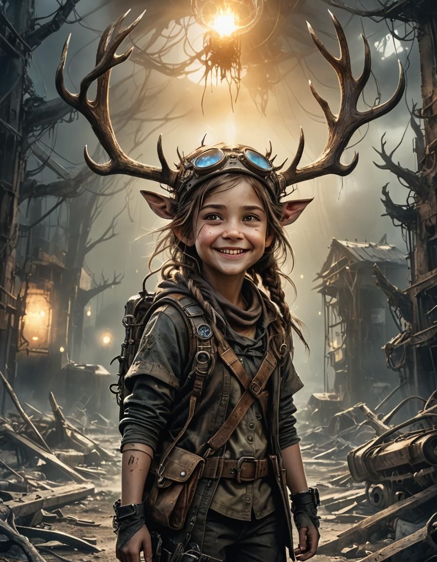 Steampunk Girl with Antlers in Post-Apocalyptic World