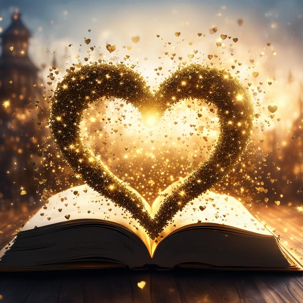 Glistening Heart Silhouette Emerging from Book Pages