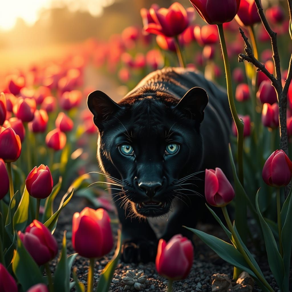 Black Panther Hidden in Tulip Field, Dreamlike Photo