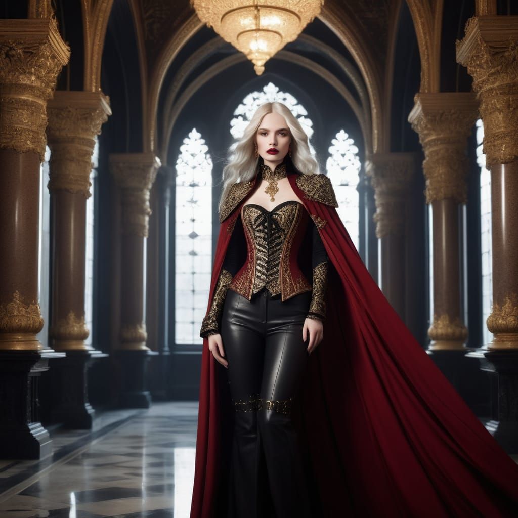 Gothic Hall: Regal Woman in Ornate Crimson and Gold Ensemble