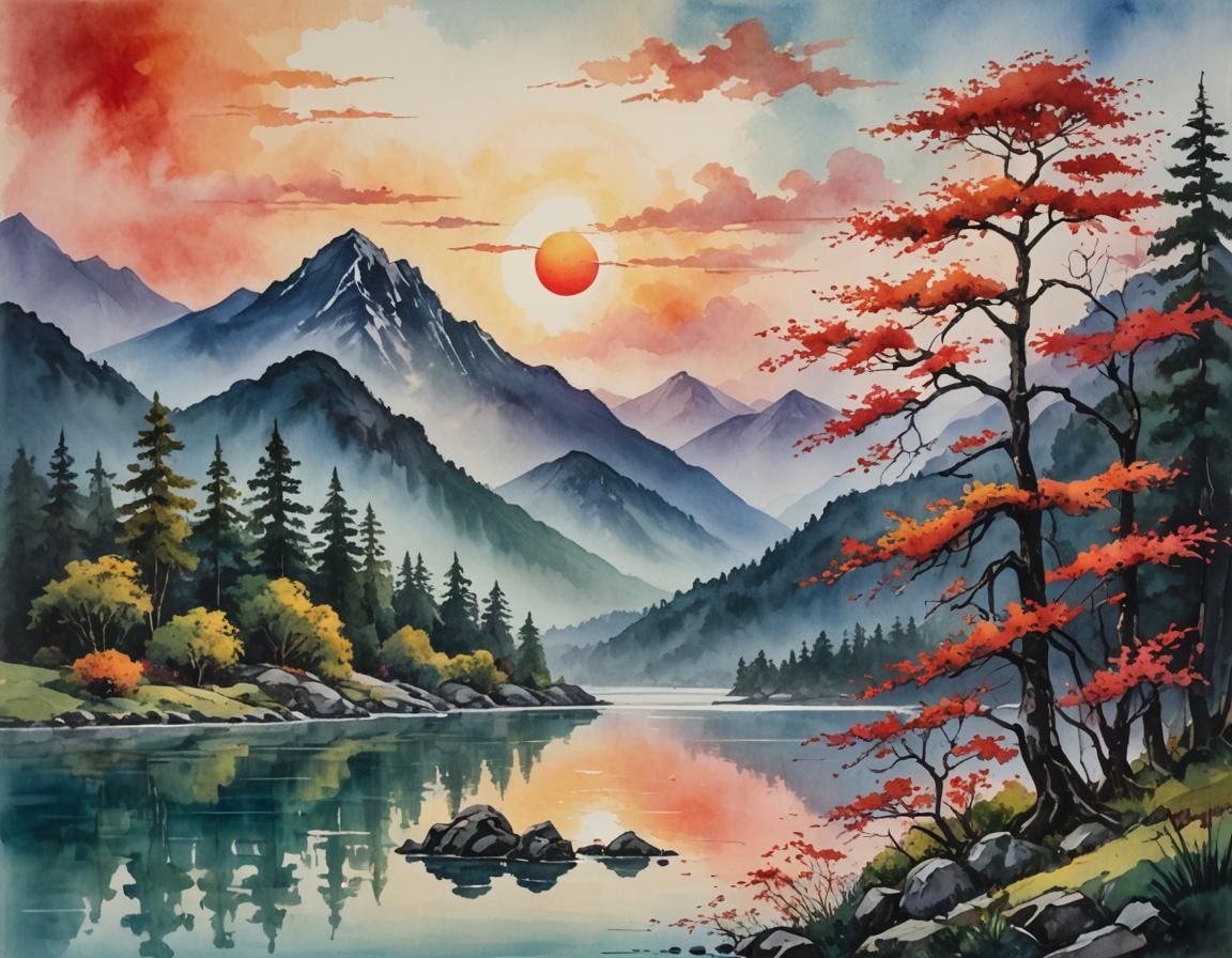 Mountain Landscape in Watercolor, Fantasy Art Style