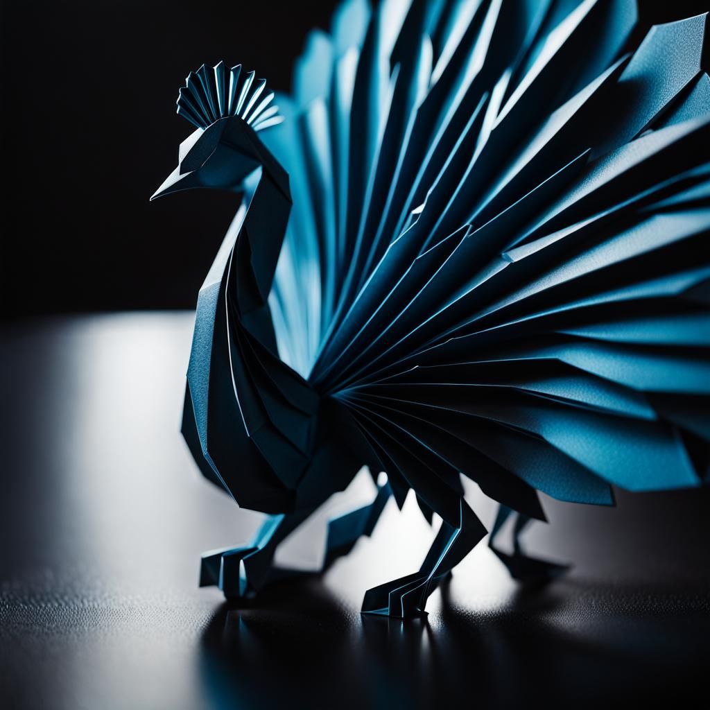 Intricate Paper Peacock in Origami Style with Moody Lighting