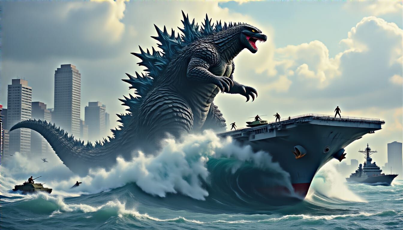 Godzilla Surfs a Tsunami on Aircraft Carrier