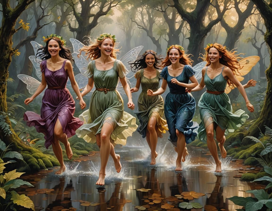 Fairies Running Through Mythical Forest Oil Painting