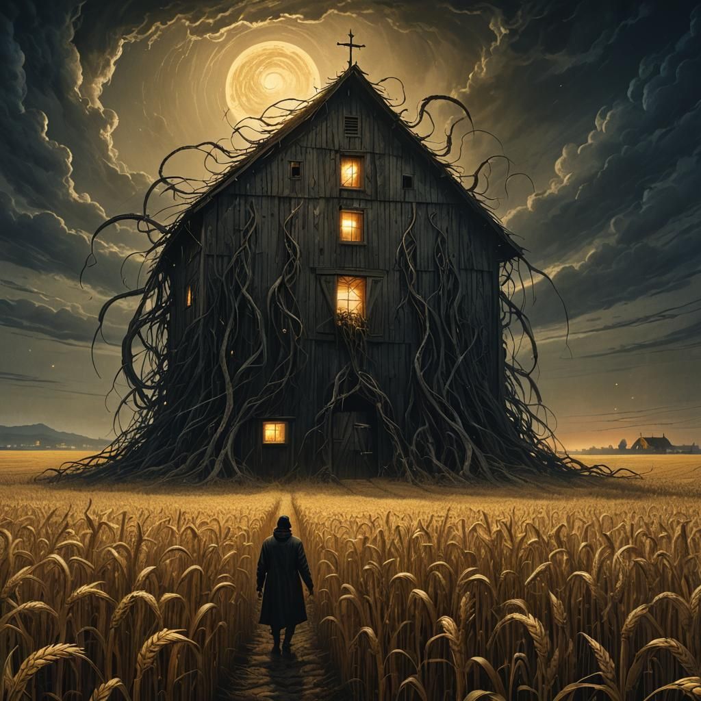 Lovecraftian Entity Rising Behind Night Barn