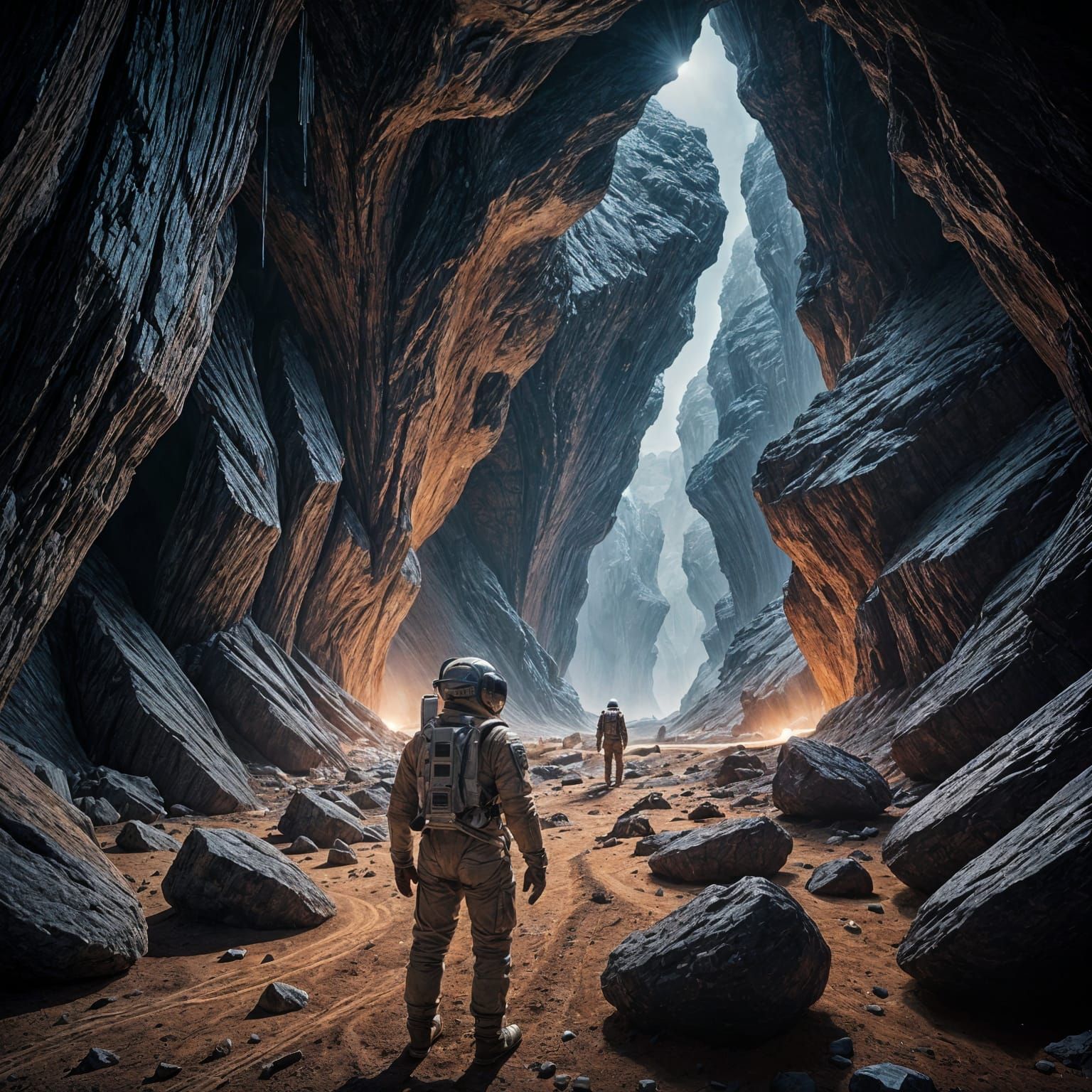 Astronaut Explores Glowing Crystal Caves on Alien Planet