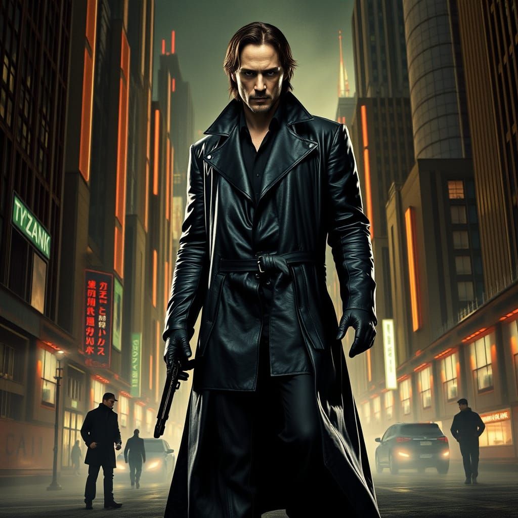 Keanu Reeves in Futuristic Cityscape, Inspired by Matrix and...