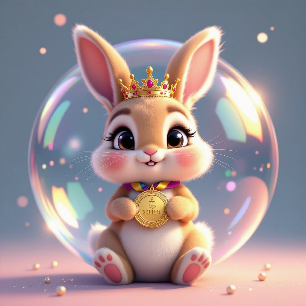 Cute Hare in Crown Sits on Shimmering Bubble