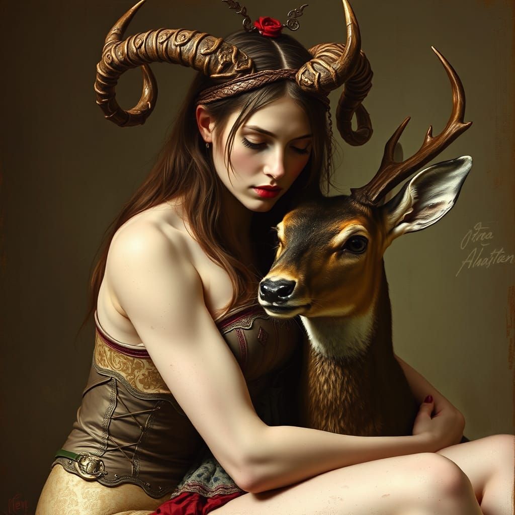 Woman with Horns Hugging Deer, Anatomical Art