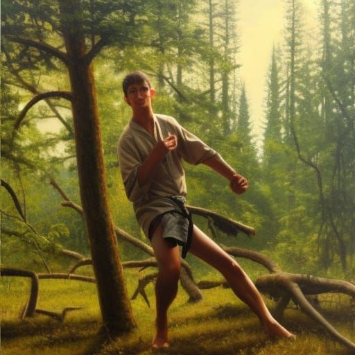 Man Karate Chopping Tree, Oil Painting