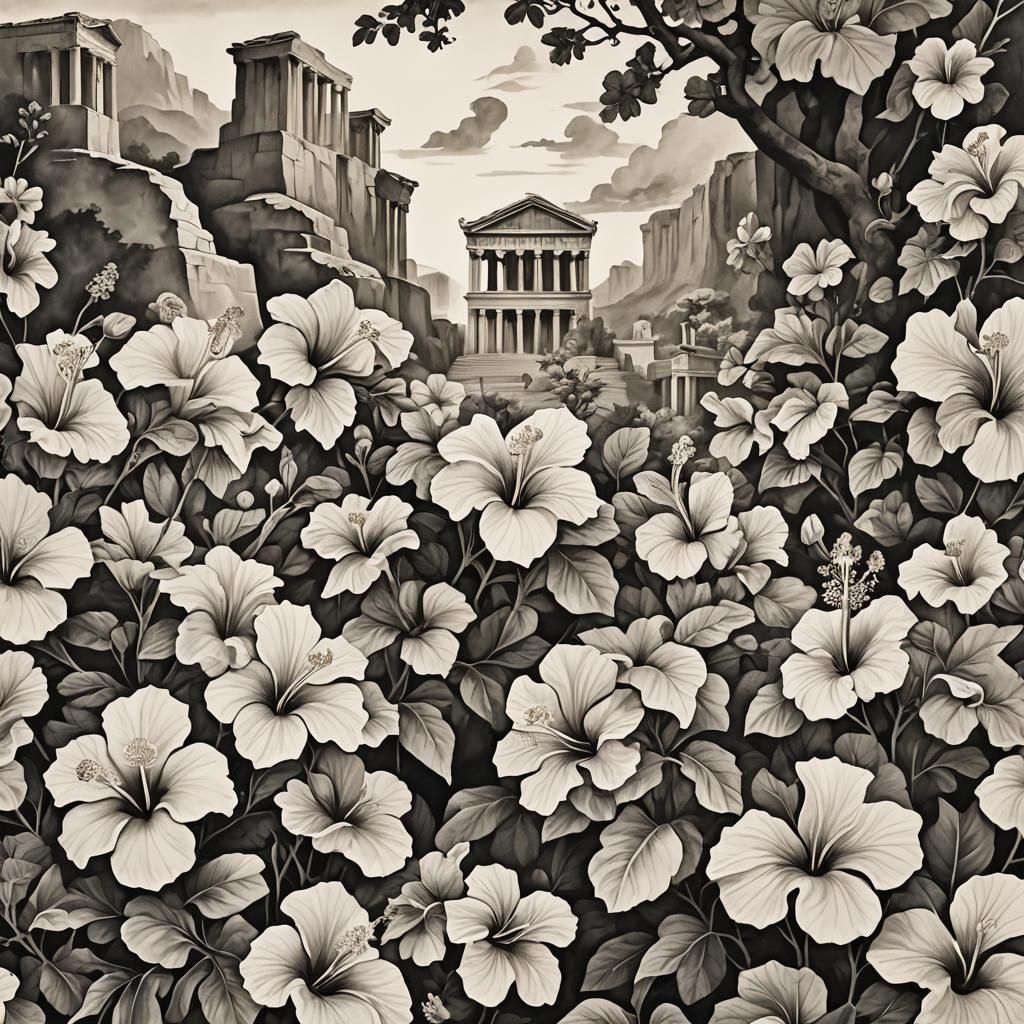 Greek Gods Battle at The Acropolis in Ink Wash