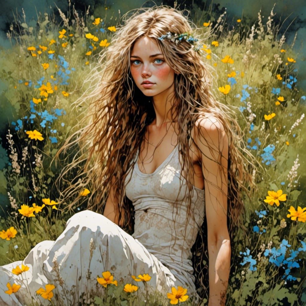 Oil Painting of Beauty in Wildflower Meadow