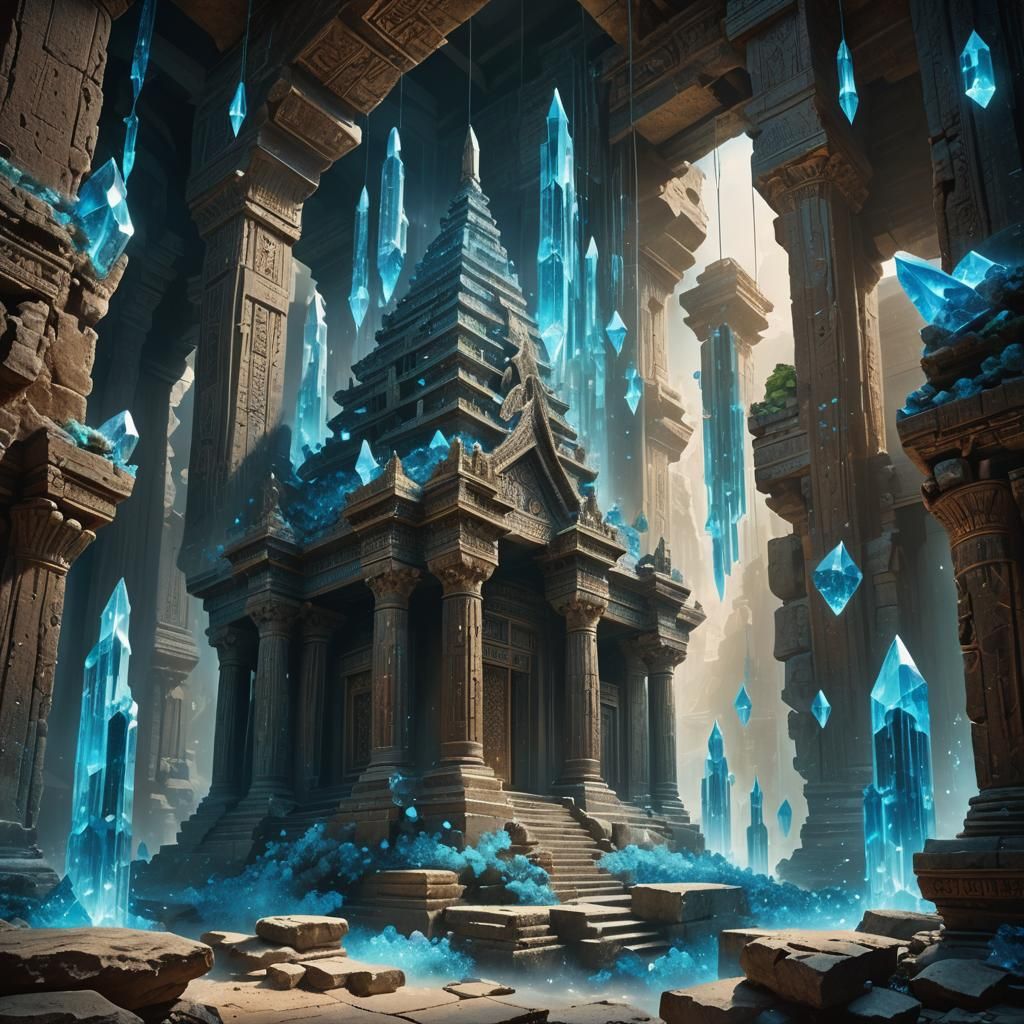 Mystical Floating Blue Crystals in Ancient Temple