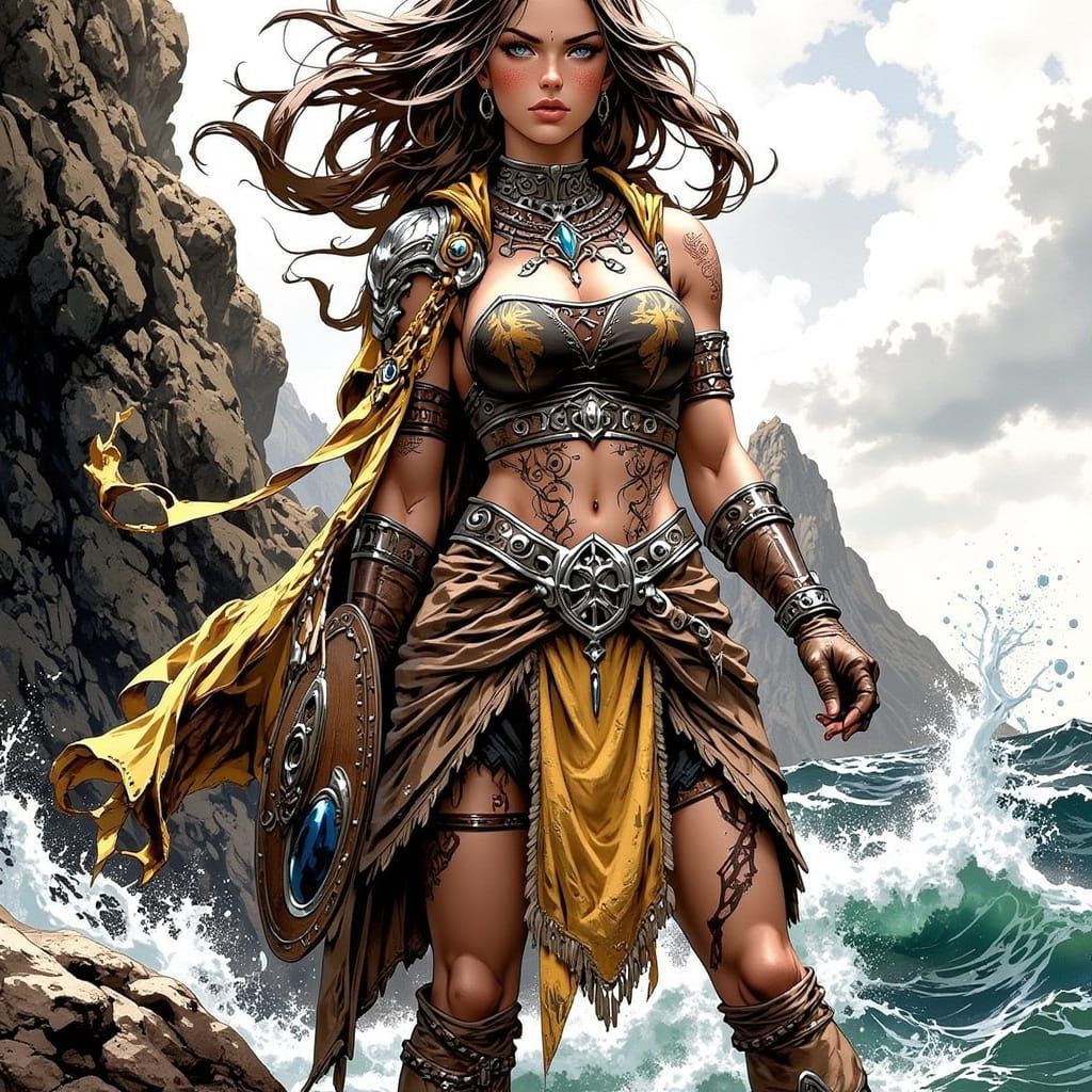 Norse Goddess Warrior on Cliff Overlooking Stormy Sea
