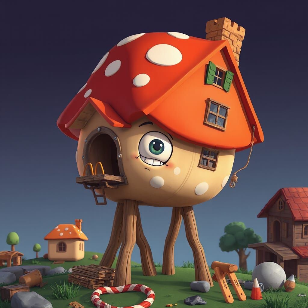 A crazy wacky-faced anthropomorphic mushroom construction wo...