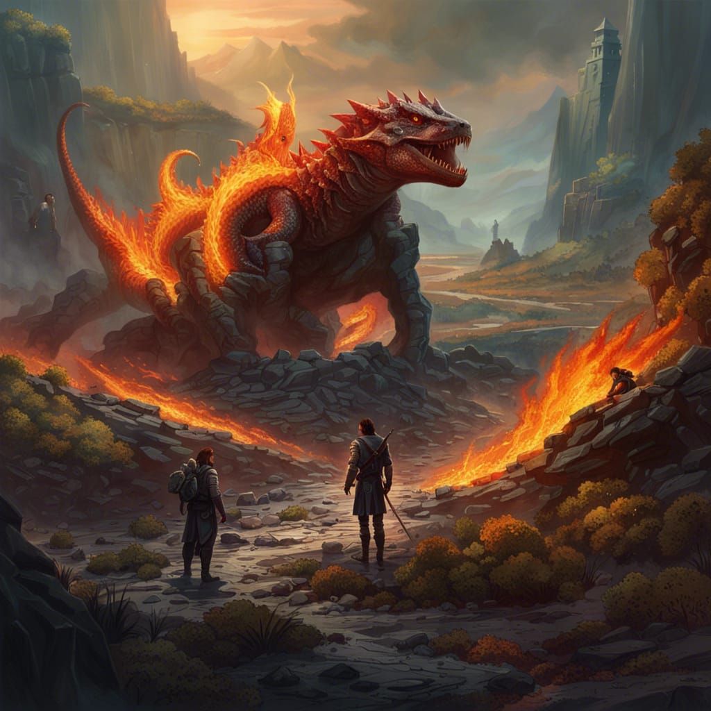 Epic Warlords and a Fiery Salamander in Desolate Landscape