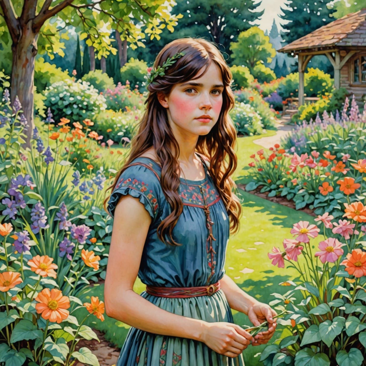 Idyllic Scene Unfolds in Vibrant Watercolor