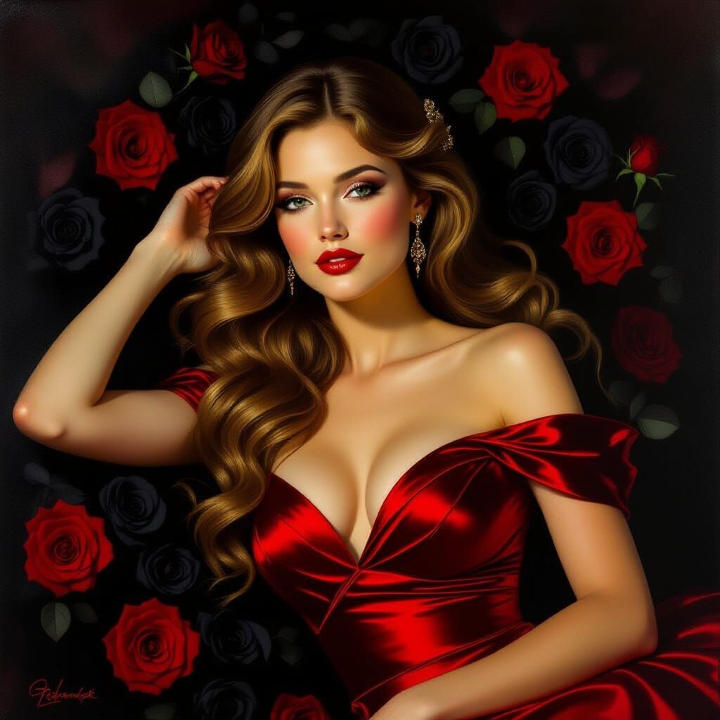 Woman in Red Dress on Bed of Roses