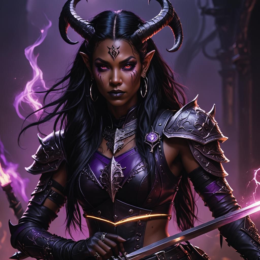 Tiefling Warlock Portrait in Dark Fantasy Art Style