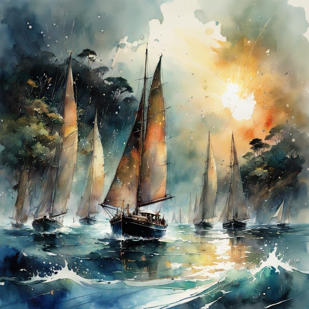 Cinematic Sunset Sailing Yachts in Watercolor Style