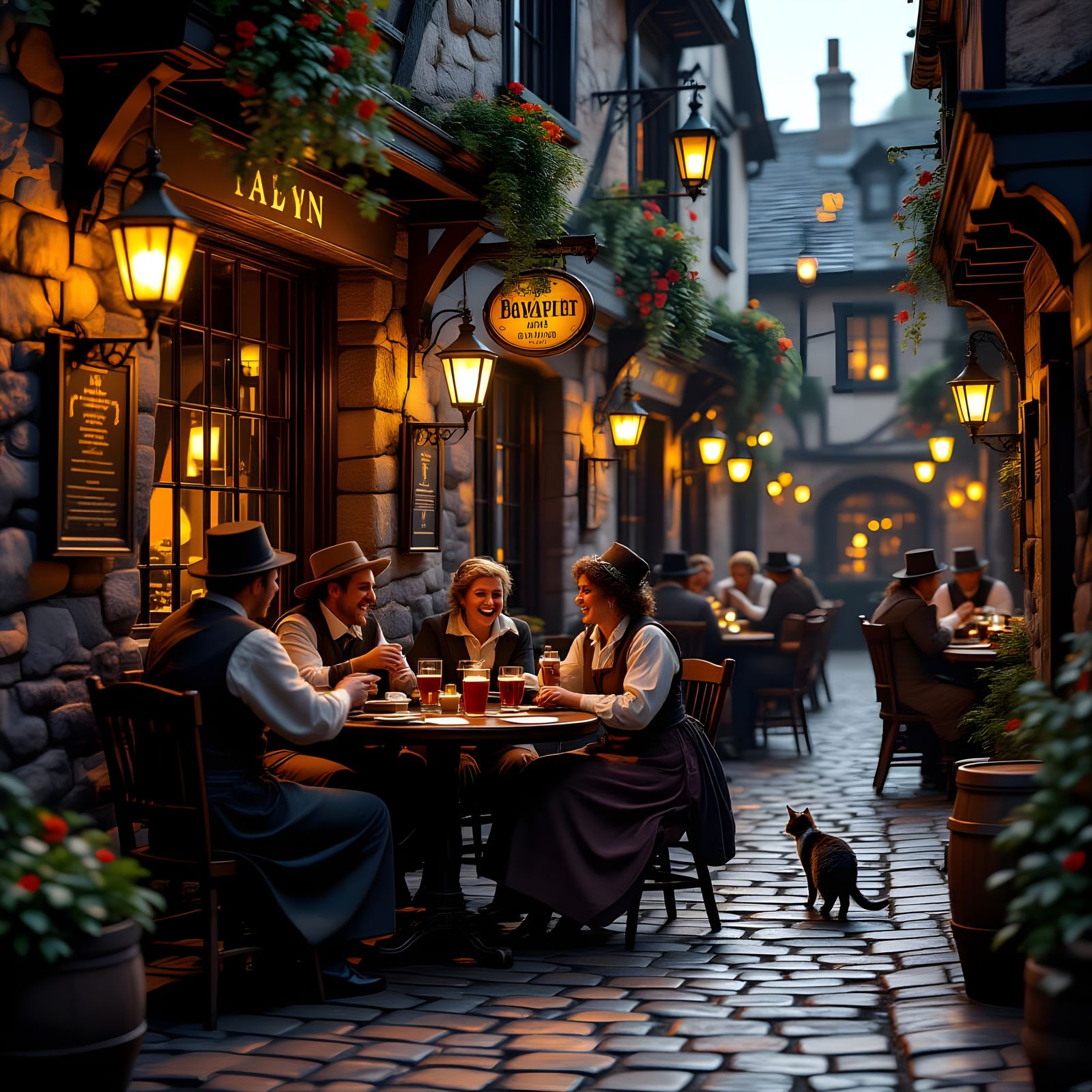 1890s Tavern Patrons Laughing in Cozy Fire-Lit Alleyway