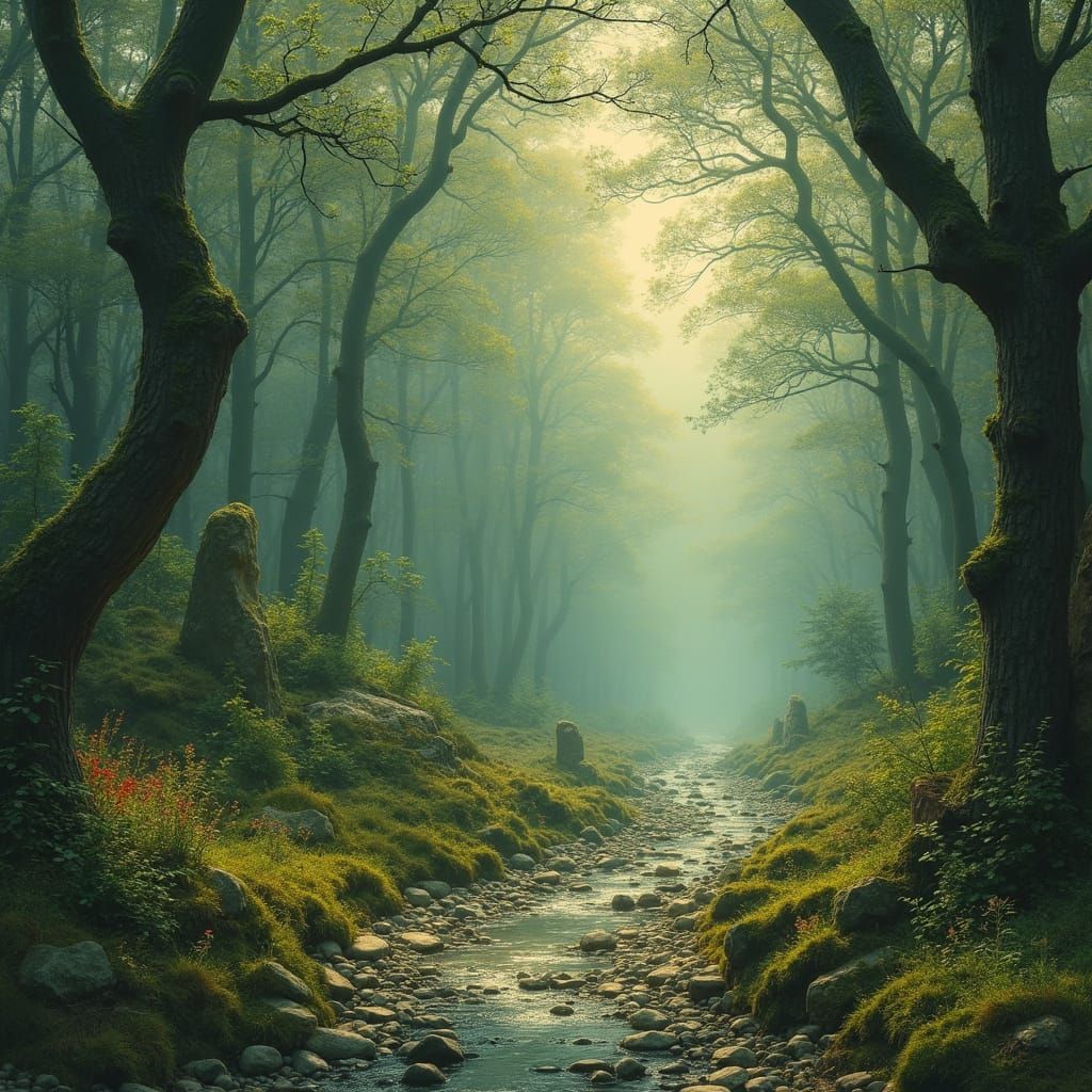 Ancient Celtic Landscape with Silver Sky and River