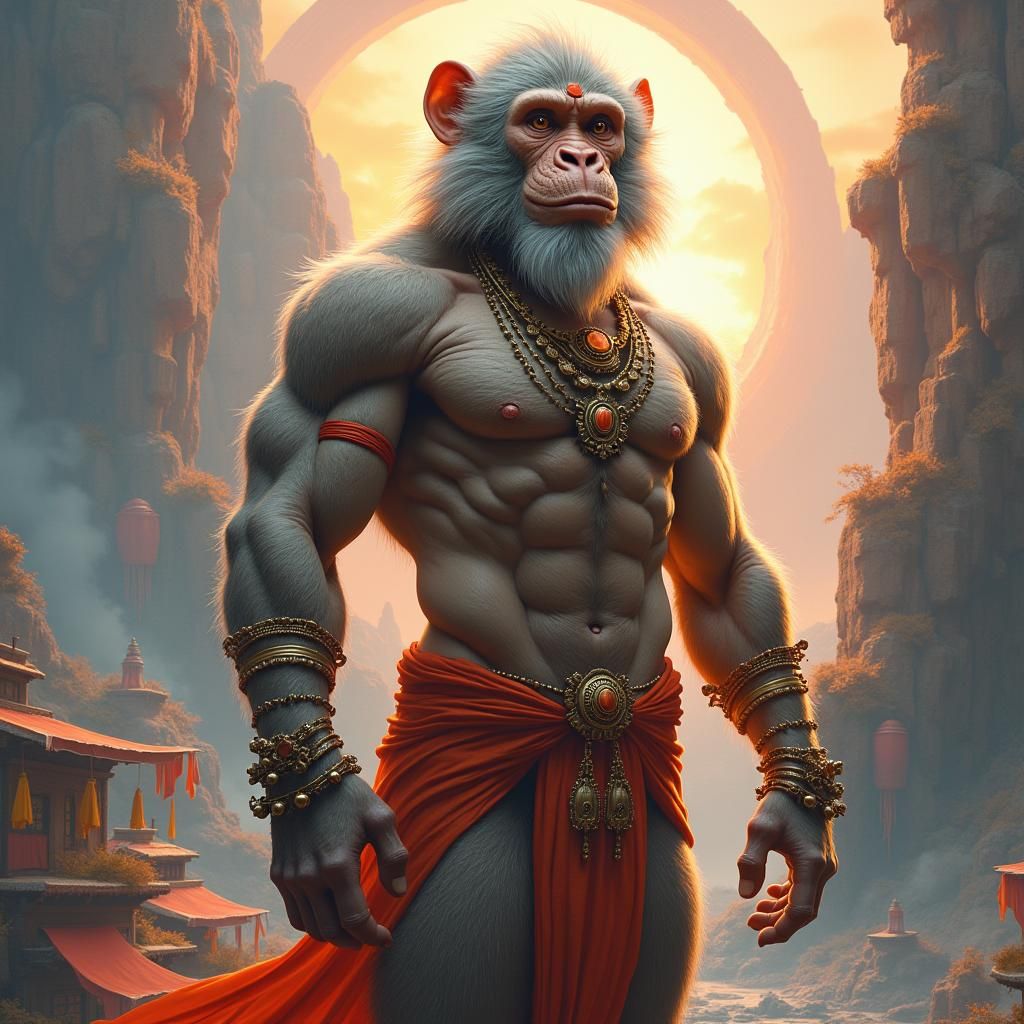 Hyperrealistic Hanuman with Six-Pack, Digital Art