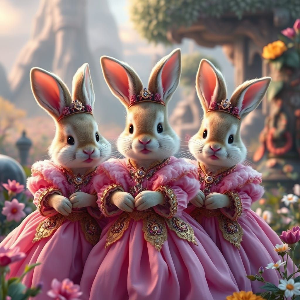 Regal Bunny Princes in Whimsical Fantasy Landscape