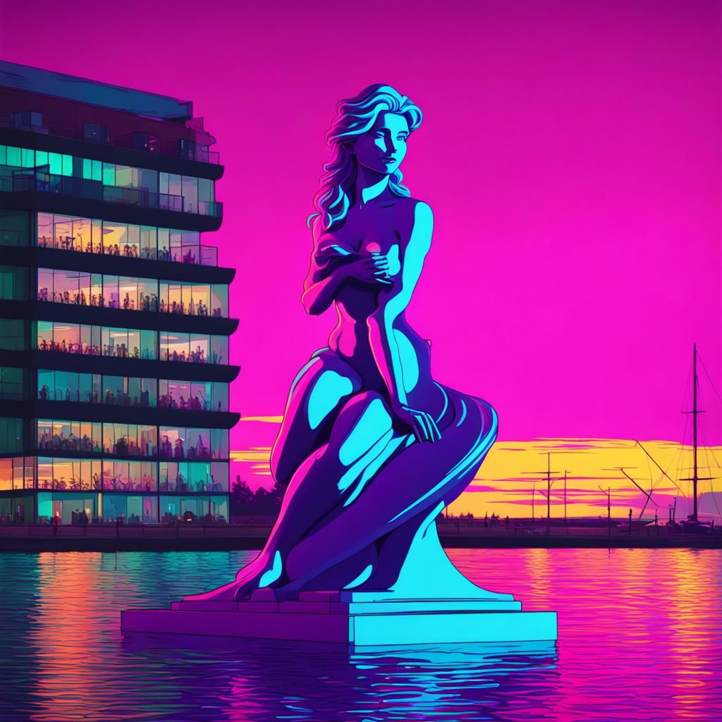 Vaporwave Little Mermaid Statue in Neon Cyberpunk