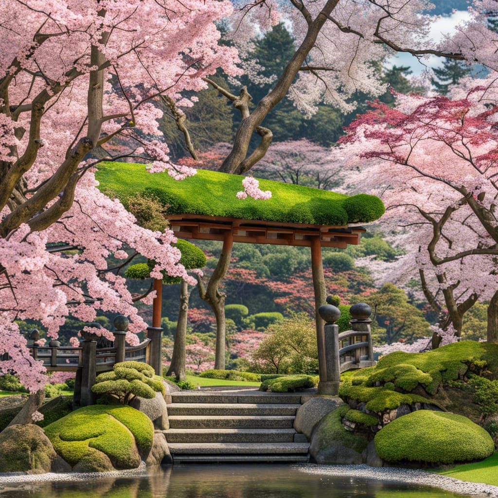 Serene Japanese Garden in Springtime Bloom