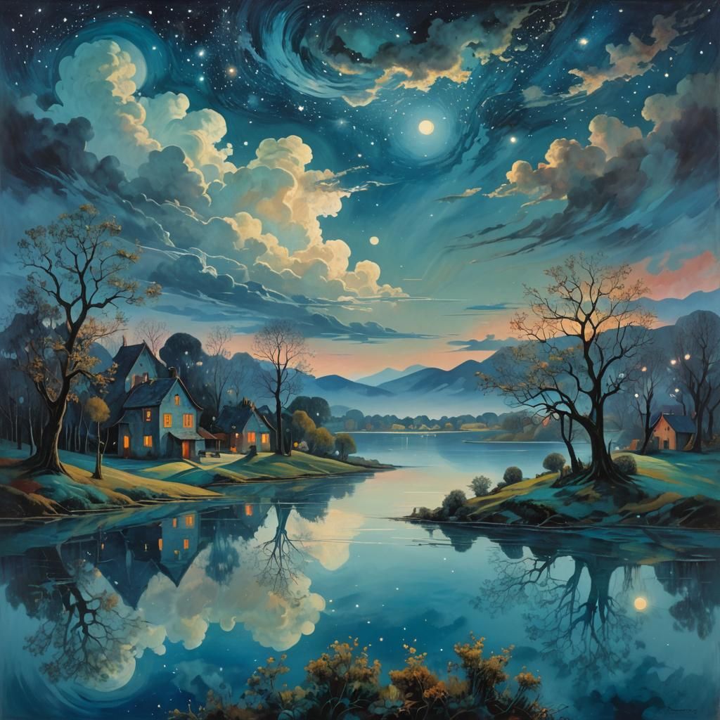 Zaffre Hues: Surrealist Landscape with Twinkling Stars