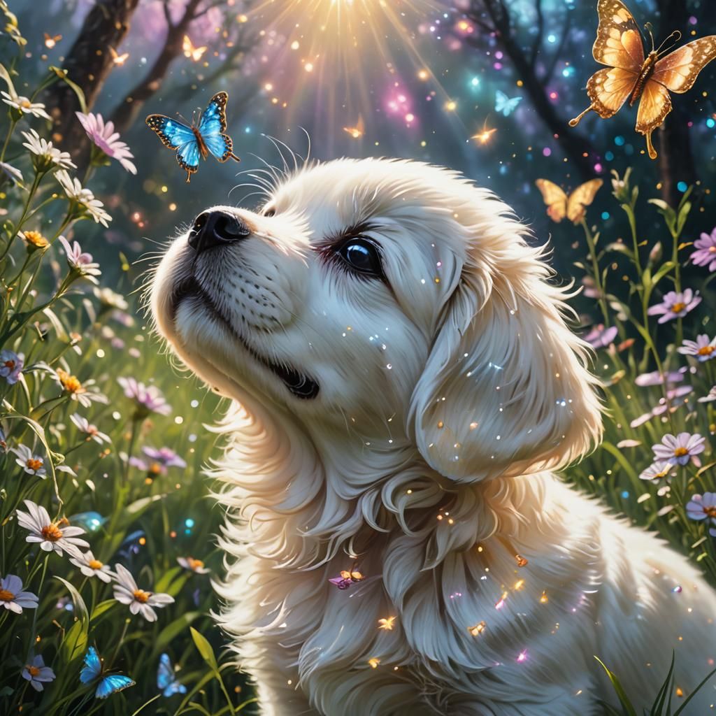 Happy Puppy with Magic Butterfly in Enchanted Meadow
