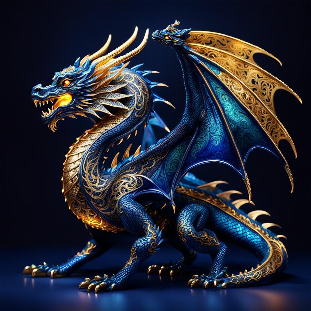 Glowing Dark Blue Dragon with Golden Filigree