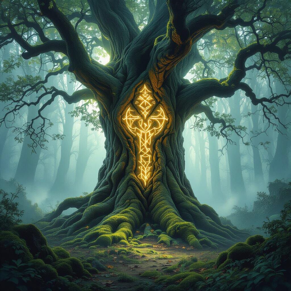 Mystical Tree with Runes in Enchanted Forest