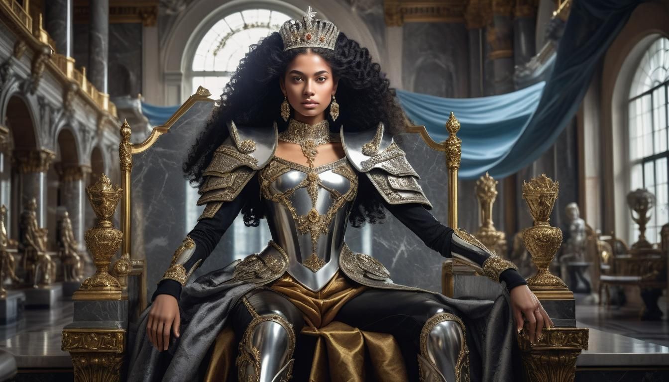 Queen on Gilded Throne: Regal Power in Silver Armor