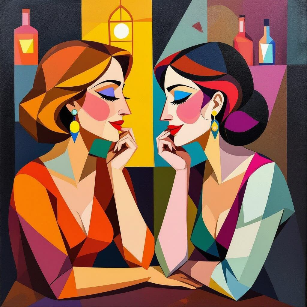 Cubist Painting of Women in Secret Conversation