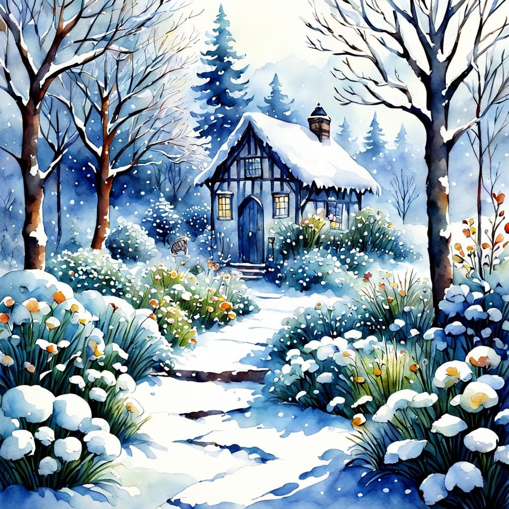 Beautiful Snowy Garden Children's Storybook Illustration