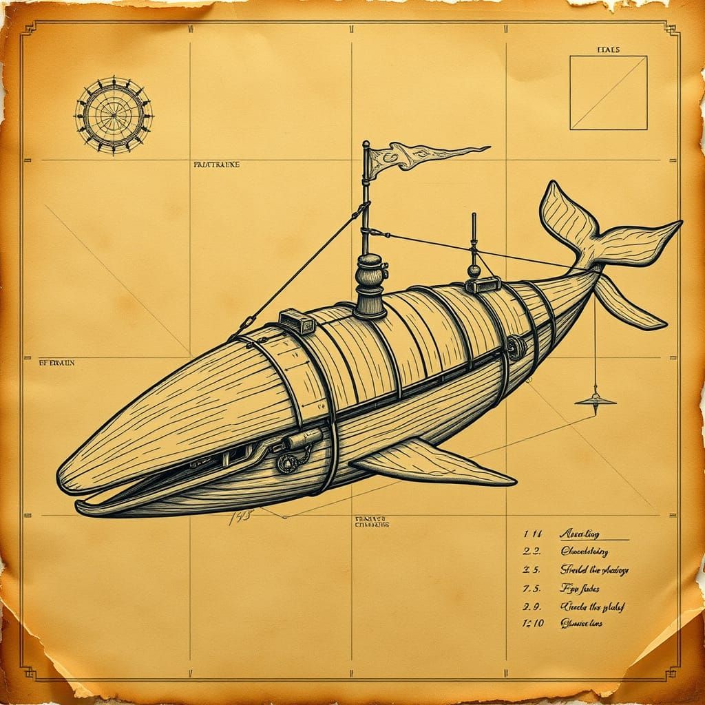 Ancient Wooden Whale Construct Blueprint in Traditional Da V...