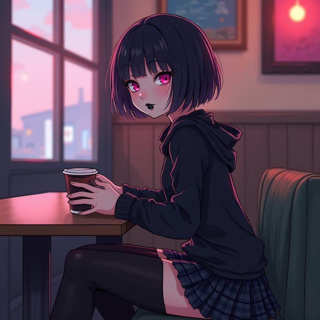 Goth Anime Girl in Cozy Cafe Setting