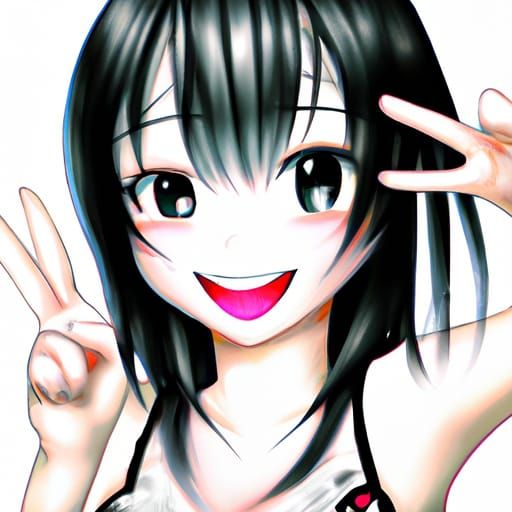Cute Asian Girl Peace Sign in Anime Style
