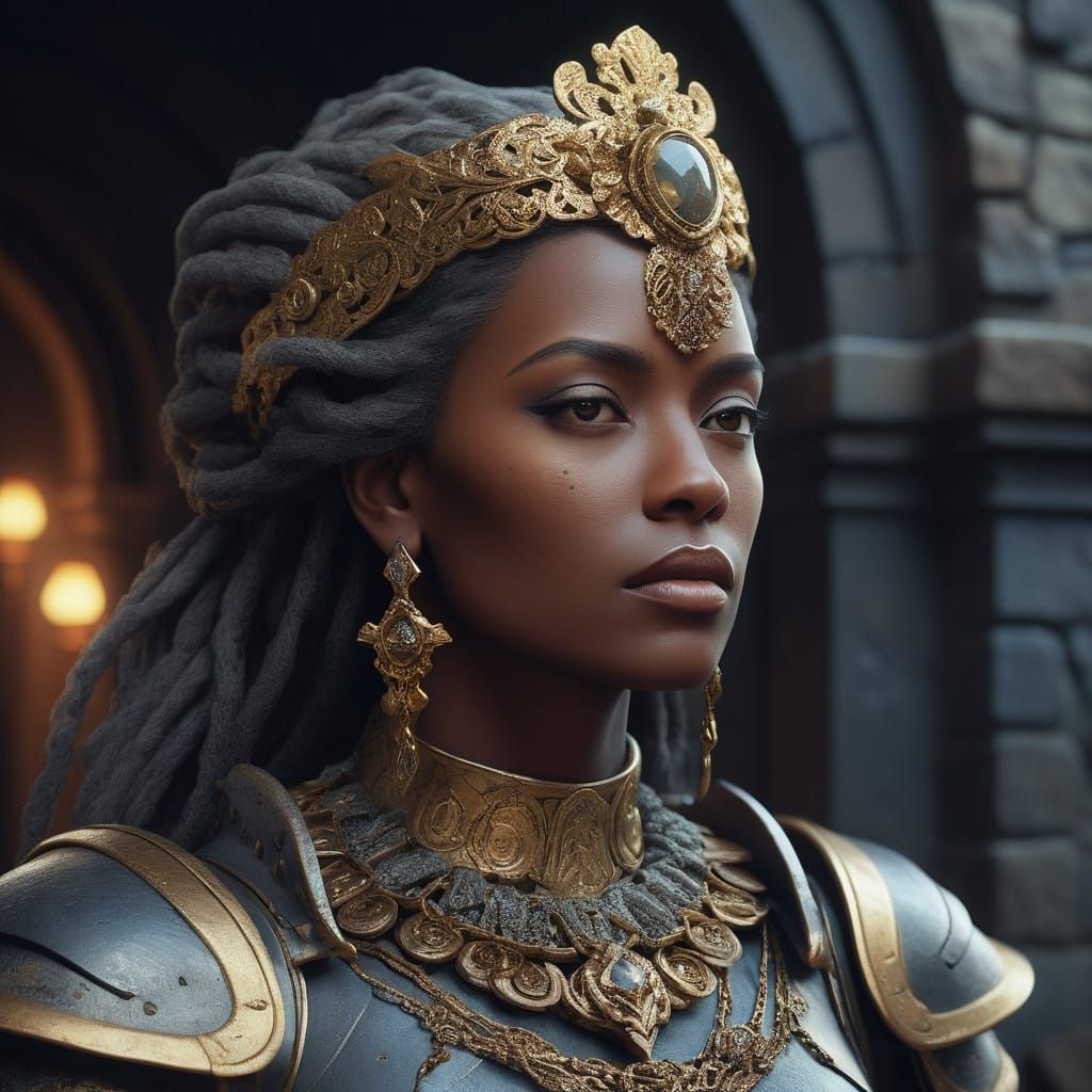 A Mature Woman in Ornate Armor with Golden Accents